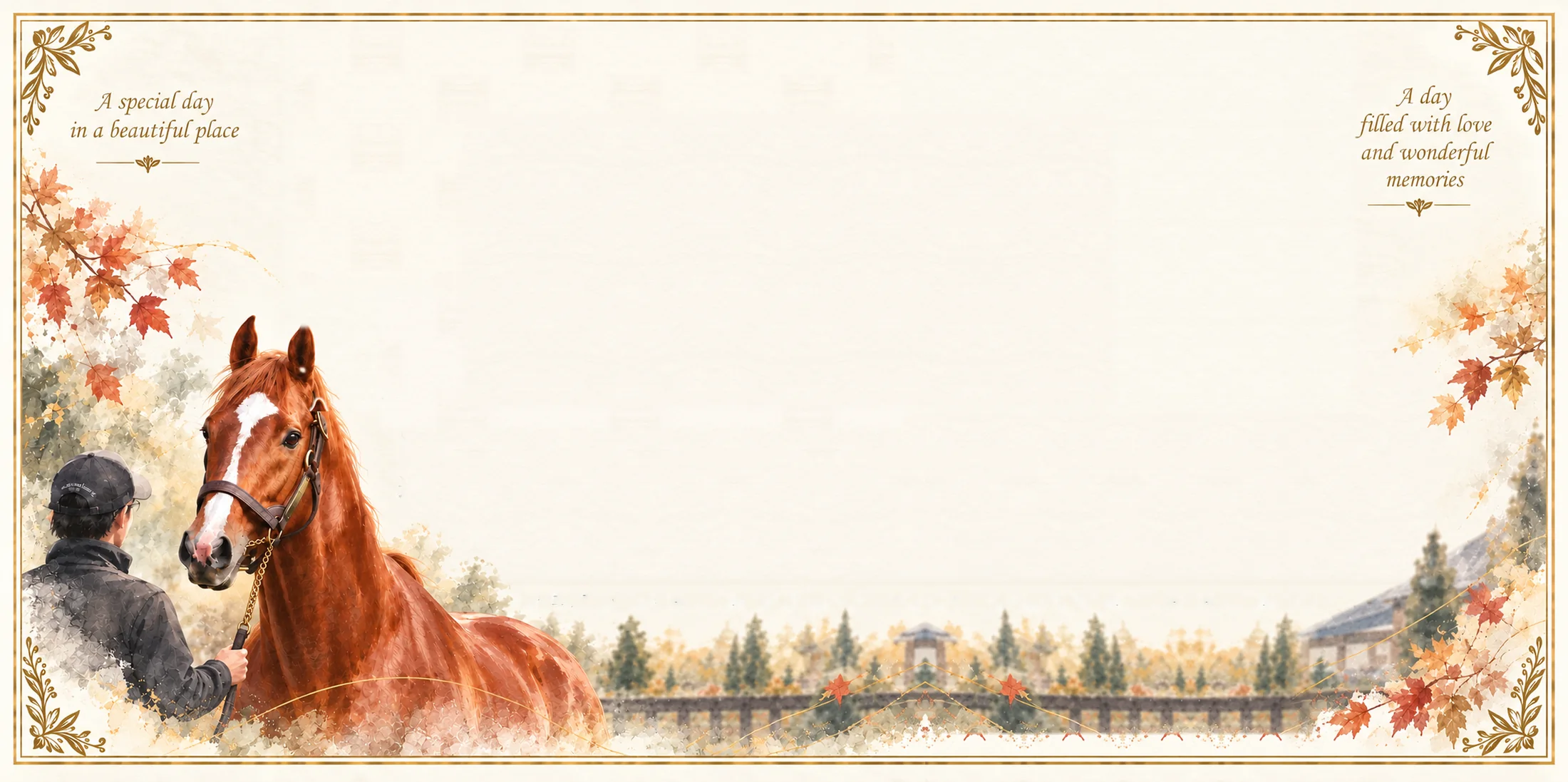 Wedding Invitation Seika & Mari／2026.11.18 WED／Northern Horse Park／Deard Buena Vista 18:30 Start と記された、紅葉と馬の水彩画の招待状